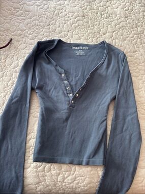 One Step Ahead Ribbed Henley Long Sleeve Top - Slate Blue